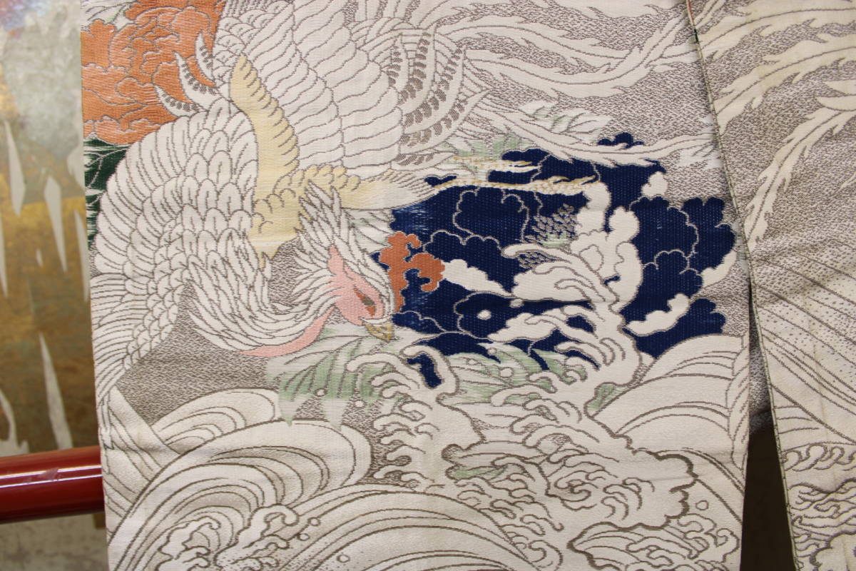  кимоно сейчас прошлое 5299 maru obi запад . тканый двусторонний все через волна .. феникс слоновая кость цвет серый цвет рисунок брать .... цветок . окраска 