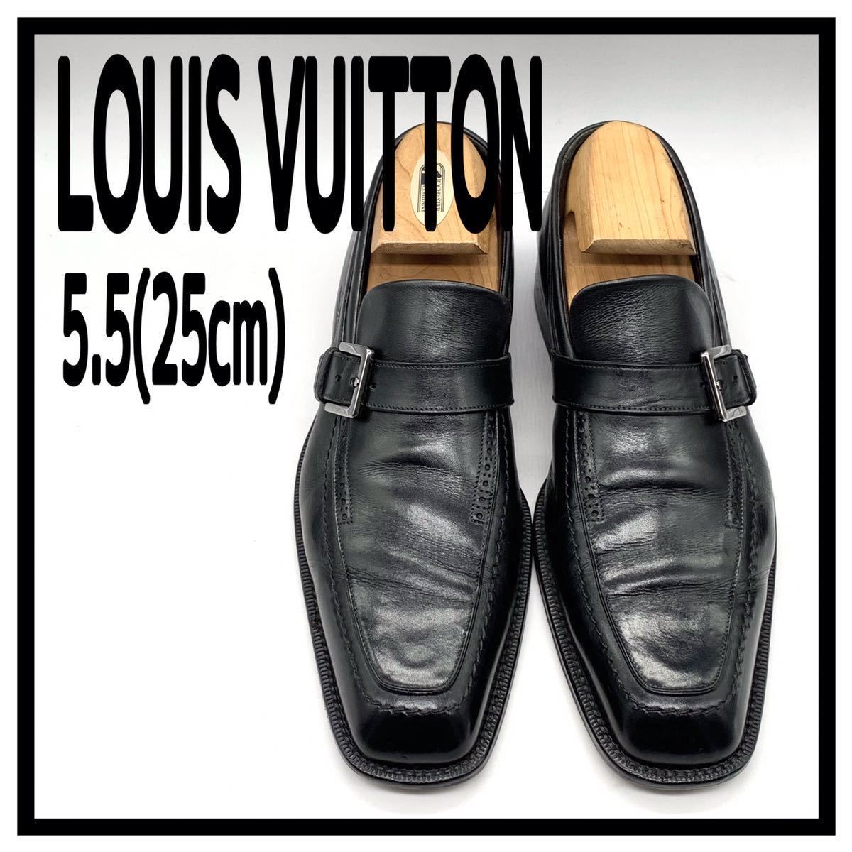LOUIS VUITTON (ルイヴィトン) スクエアトゥ ローファー スリッポン ビジネス レザー ブラック 黒 5.5 25cm 革靴 シューズ イタリア製