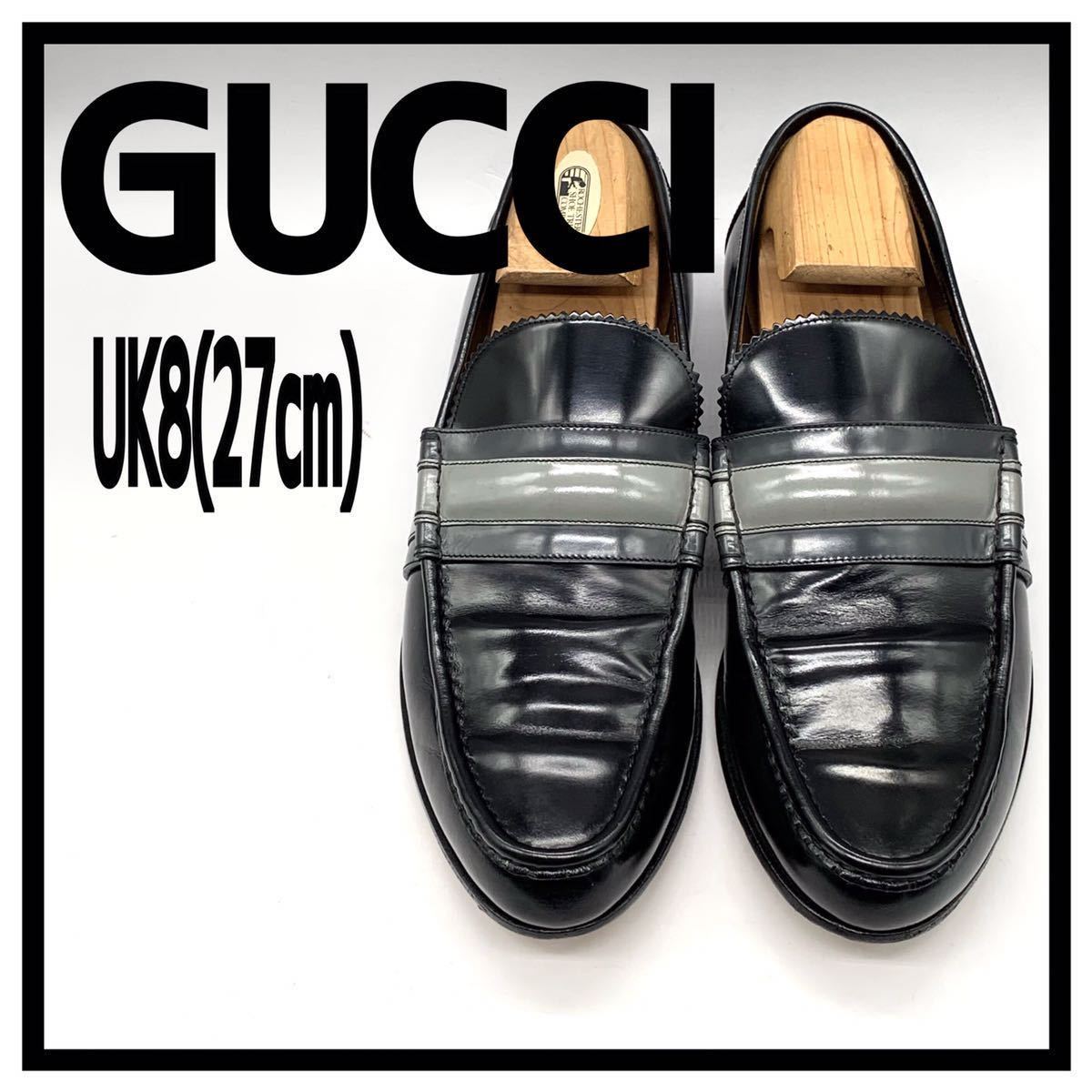 GUCCI (グッチ) ドレスシューズ ローファー スリッポン レザー ブラック 黒 グレー ネイビー ボーダー UK8 27cm 革靴 ビジネス イタリア製