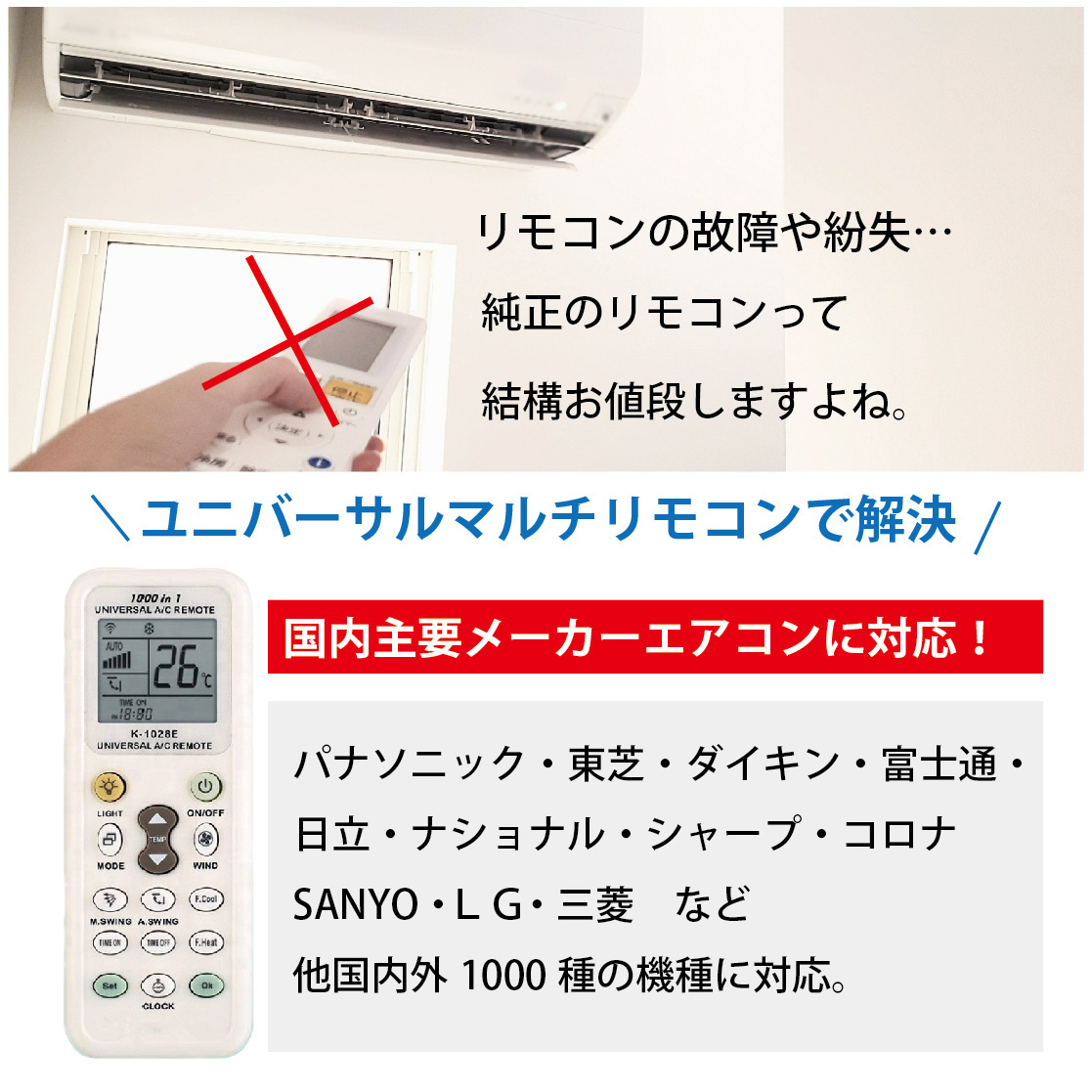 エアコンリモコン 自動設定付 汎用 日本語 説明書 エアコン リモコン 1000機種以上対応 パナソニック シャープ 日立送料無料_画像2