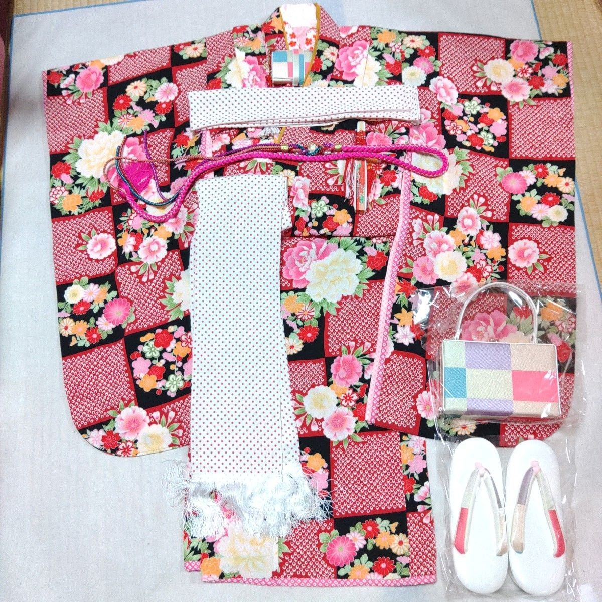 7歳七五三祝着物フルセットJAPANstyle疋田柄市松模様作り帯はこせこ 子供用