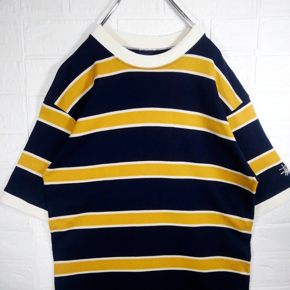 STUSSY(ステューシー)》90s'紺タグ ロゴ刺繍ボーダーリンガーTシャツ 