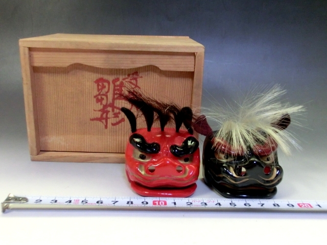  ornament #.. doll winning doll hinaningyo Lion Mask also box ornament objet d'art lacquer ware red black old fine art era thing antique goods #