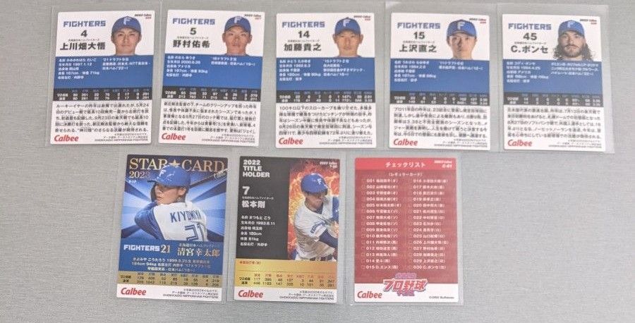 F　プロ野球チップス2023　ノーマル　スターカード★　タイトルホルダー　チェックリスト付　北海道日本ハムファイターズ　8枚セット