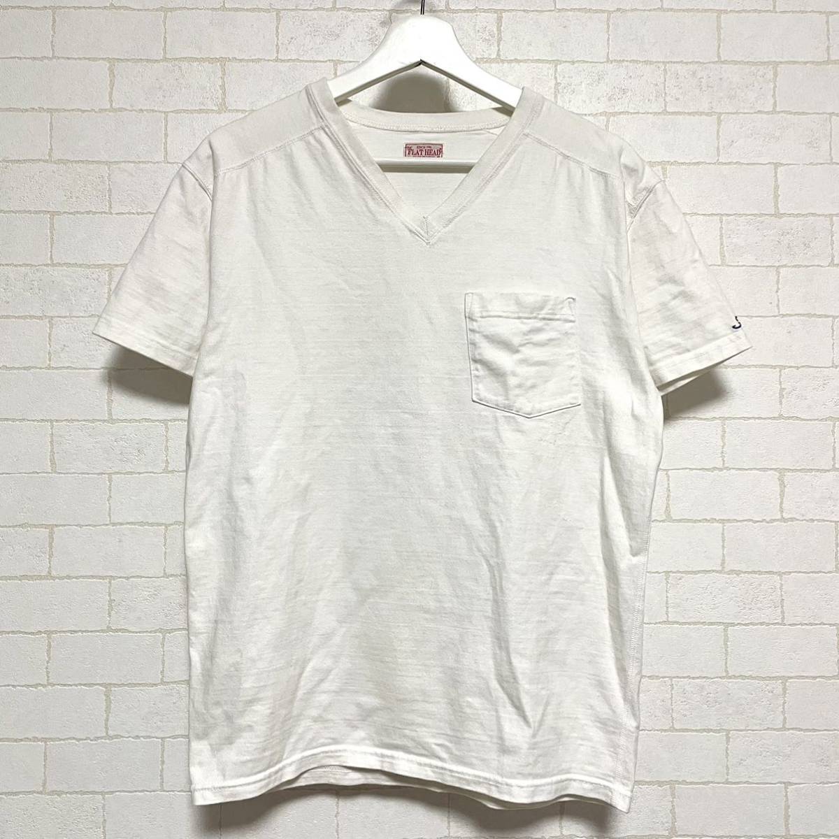 THE FLAT HEAD フラットヘッド Vネック Tシャツ 半袖 胸ポケット 40 ホワイト_画像1