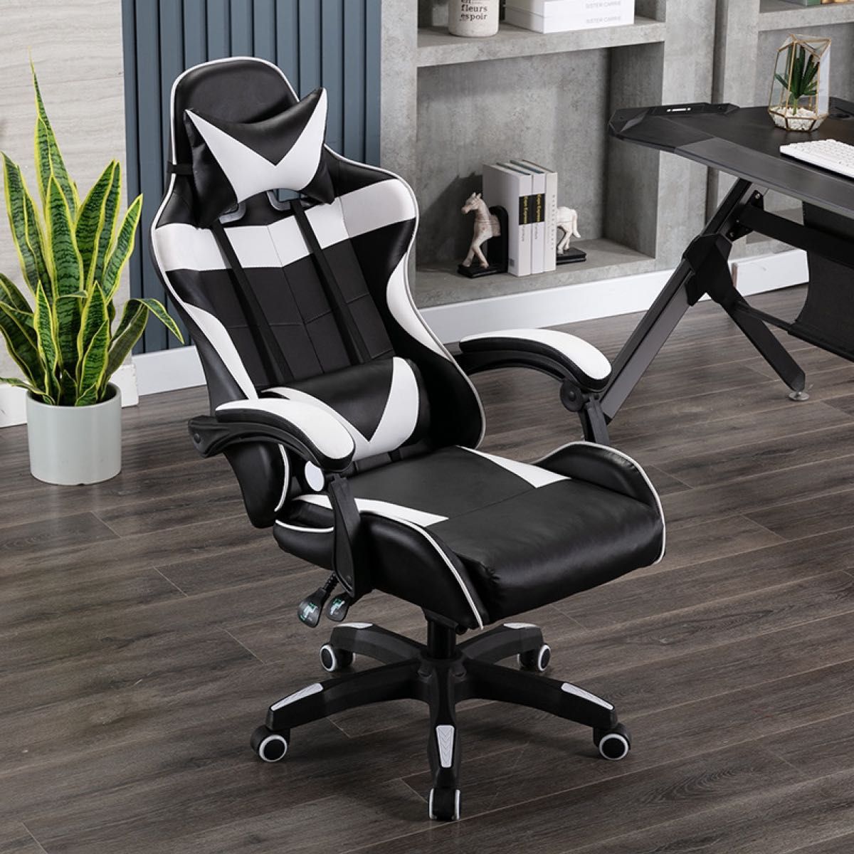 【白】 人気 オフィスチェア デスクチェア ゲーミングチェア レーシング PC 椅子 リクライニング 足置き クッション 腰痛予防