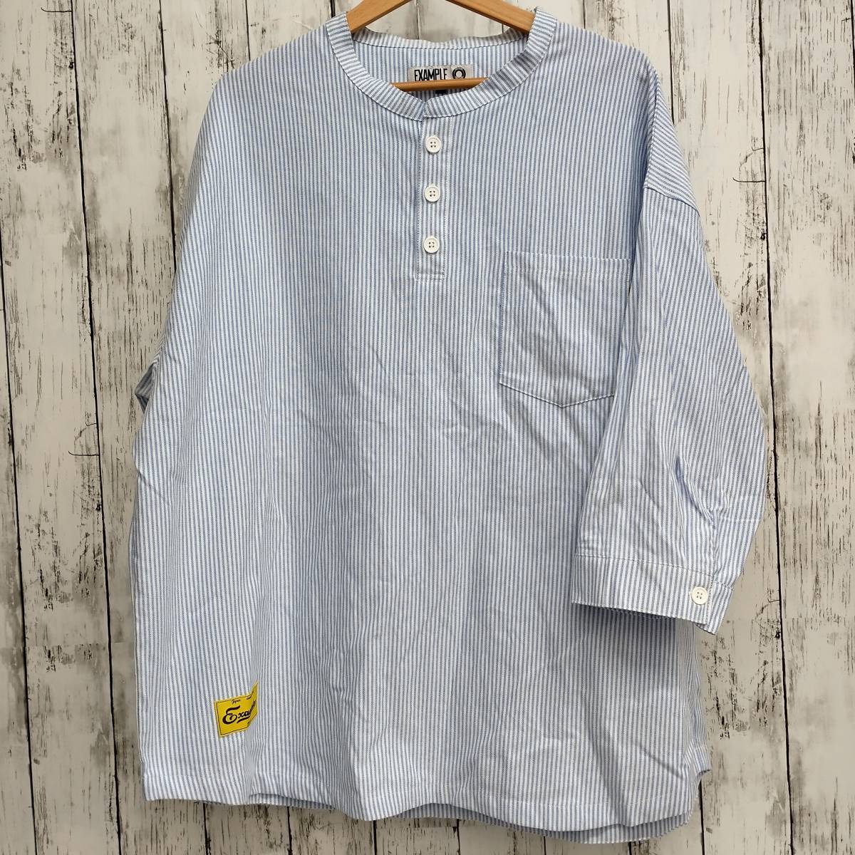 半袖シャツ ライトブルー EXAMPLE ストライプ柄 バックロゴ EMISSARY FOR EXAMPLE 半袖Tシャツ XLサイズ