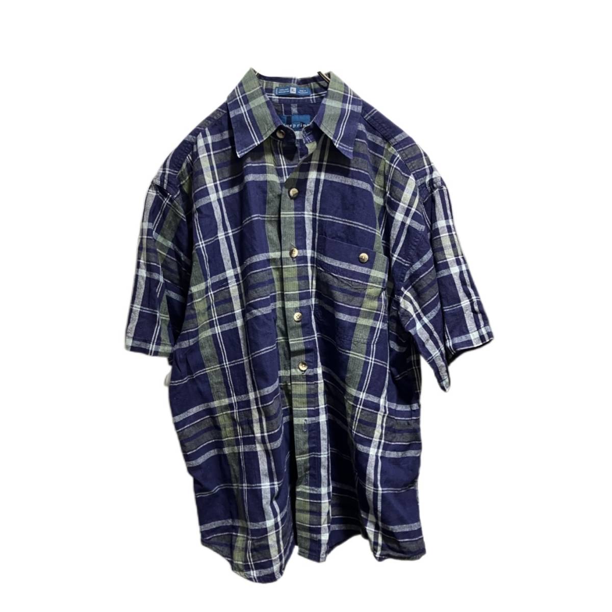90s blueprint Linen Check SS Shirt 半袖シャツ XLサイズ　ブループリント 店舗受取可_画像1