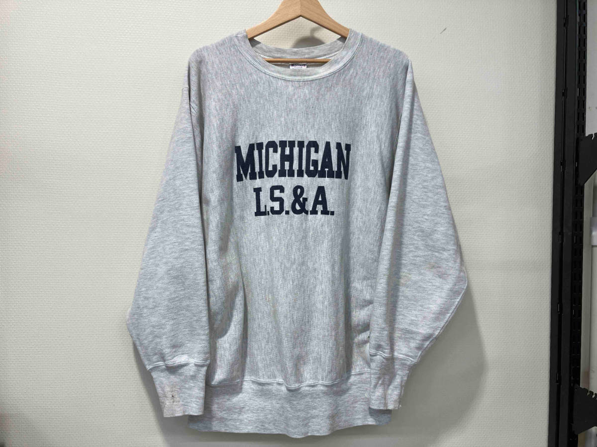 90s Champion REVERSE WEAVE MICHIGAN 2段プリント XL グレー 刺繍タグ ヴィンテージ チャンピオン リバースウィーブ ミシガン カレッジ