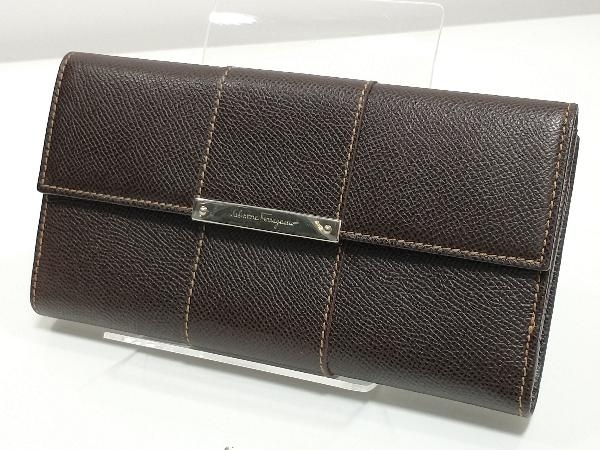 Salvatore Ferragamo サルヴァトーレフェラガモ 二つ折り長財布 ダークブラウン レザー メンズ レディース ウォレット 店舗受取可_画像1