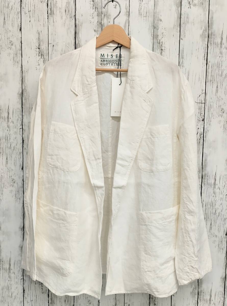 MISEI ミセイ リネン100％ ボタンレステーラードジャケット ホワイト 日本製 ユニセックス フリーサイズ