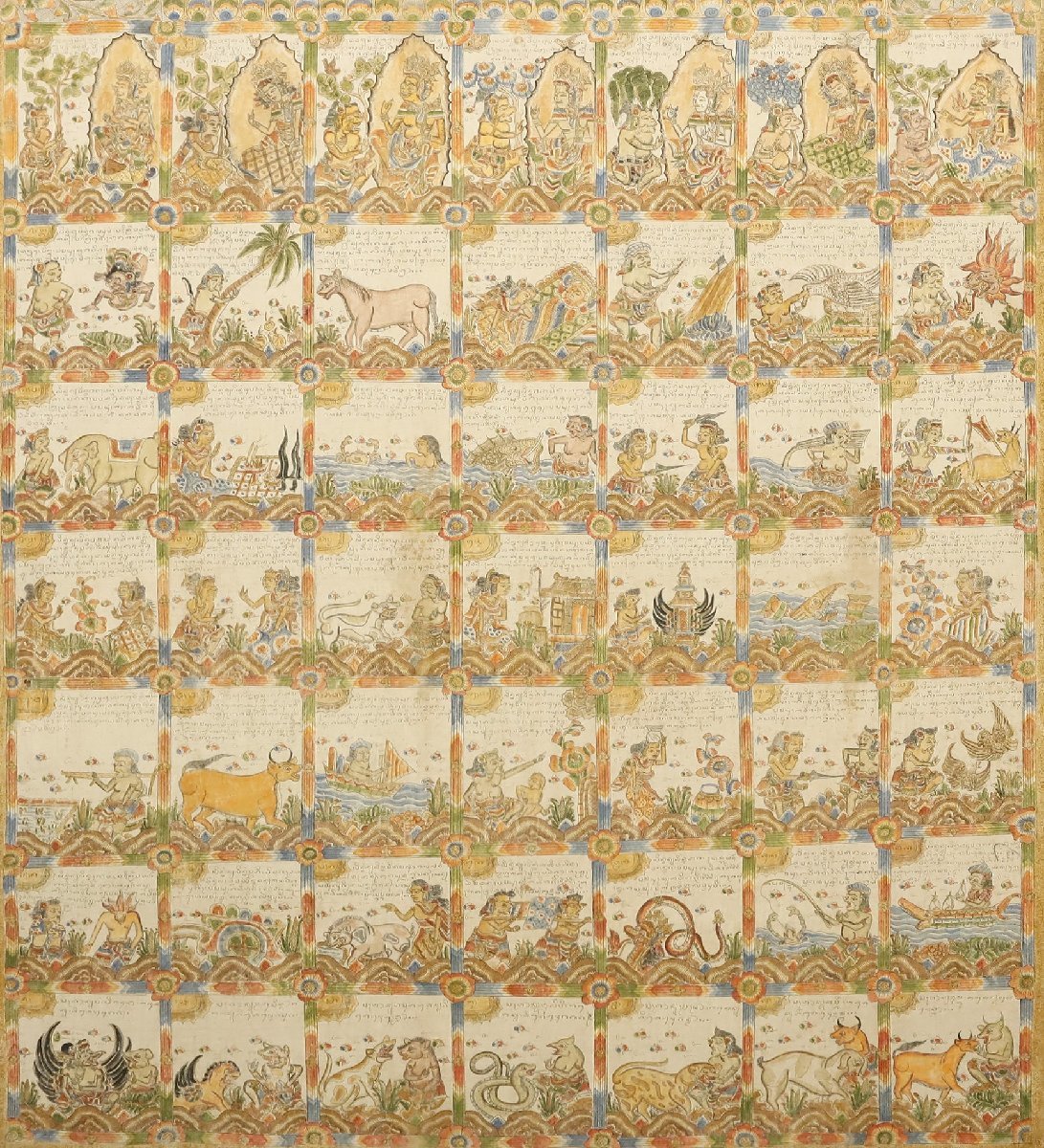 アンティーク バリ島 カマサンスタイル カレンダー 肉筆 大型額装品 / インドネシア 布に直筆 民族画 伝統