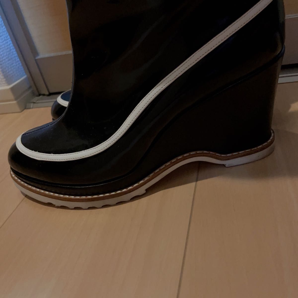 CELINE セリーヌ ロングブーツ ウエッジソールブーツ エナメル 黒 白