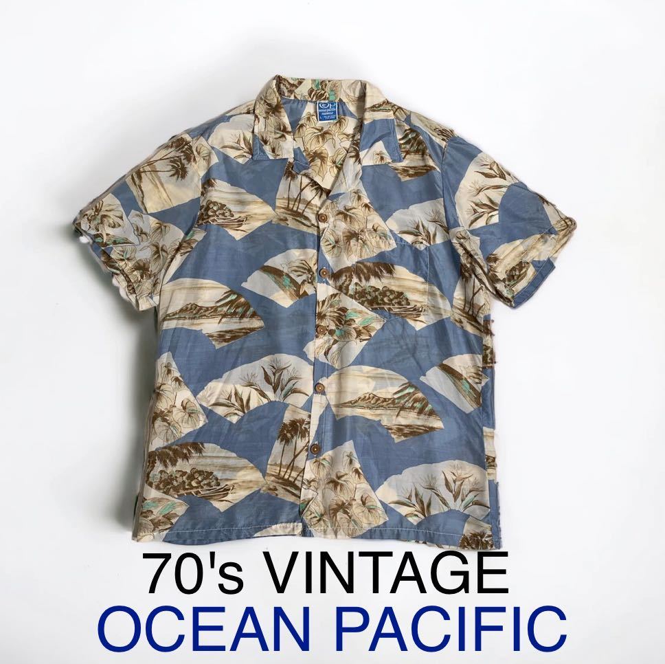 70's VINTAGE OCEAN PACIFIC アロハシャツ オープンカラーシャツ 総柄 ハワイアンシャツ ビンテージ オーシャンパシフィック 70年代 和柄_画像1