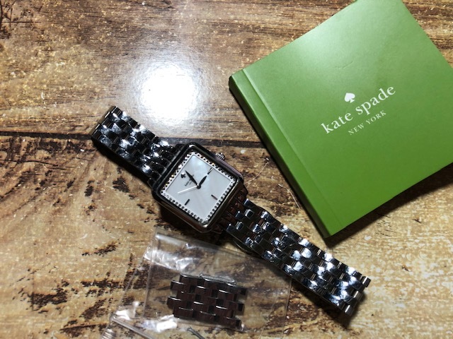 良品 付属品付 Kate spade ケイトスペード スクエア シェル文字盤 KSW1114 純正SSブレス クオーツ メンズ 腕時計_画像1