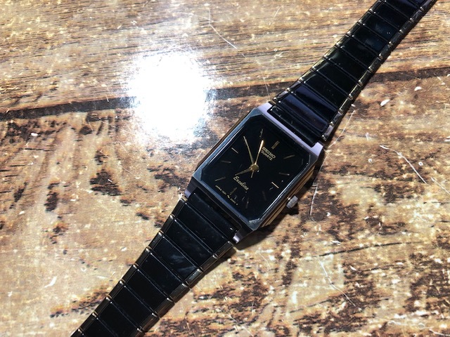 良品 ヴィンテージ レア SEIKO Exceline セイコー エクセリーヌ スクエア 黒文字盤 NSAG 超硬 1221 クオーツ レディース 腕時計