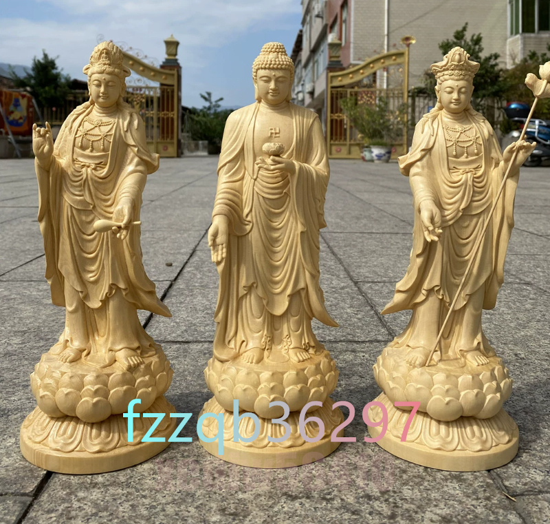 西方三聖立像 釈迦牟尼像 地蔵菩薩像 観音菩薩像 精密雕刻 仏師で仕上げ品 高さ31cm