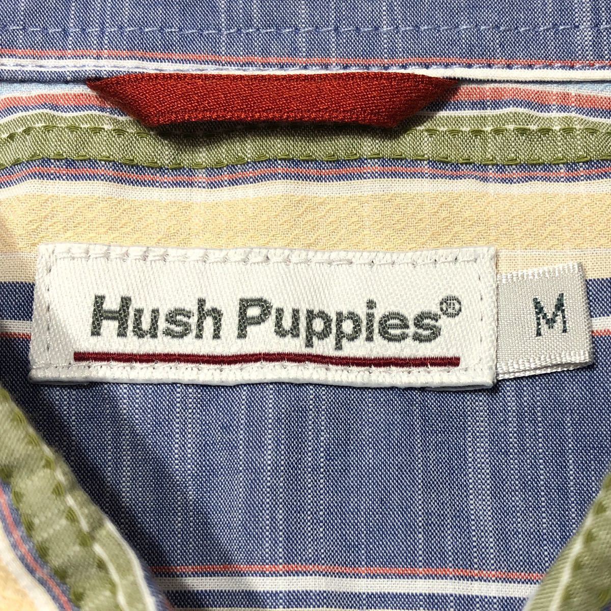 ● Hush Puppies ハッシュパピー ● ロゴ 犬 刺繍 ランダム ボーダー柄 半袖 ボタンシャツ ブルー系 Mの画像5