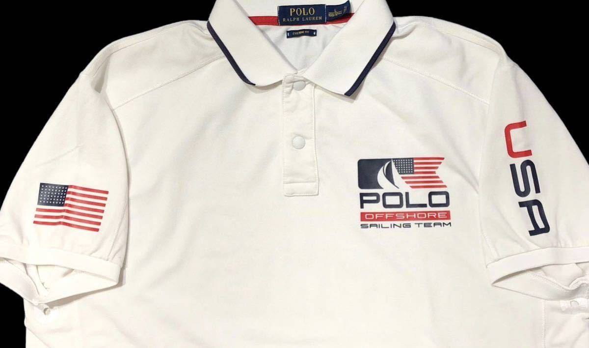 ● Polo Ralph Lauren ポロ ラルフローレン ● バック ビッグ ロゴ アメリカ国旗 プリント 半袖 ポロシャツ ホワイト L_画像4