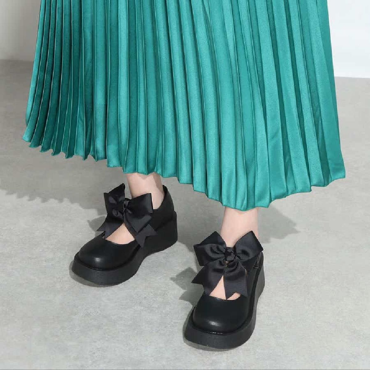 新品 フレンチガーリー 量産型 地雷系 メイドライク 厚底 シューズ パンプス ブーツ 革靴 ブラック モカシン ムートン 厚底