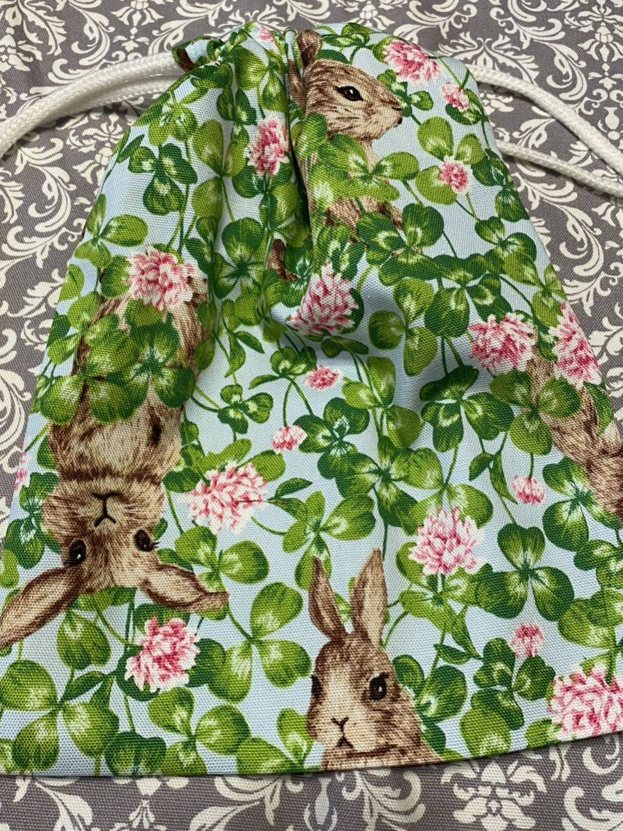 NO. 7 裏なし巾着袋　ハンドメイド　ウサギ柄　花ピンク色_画像1