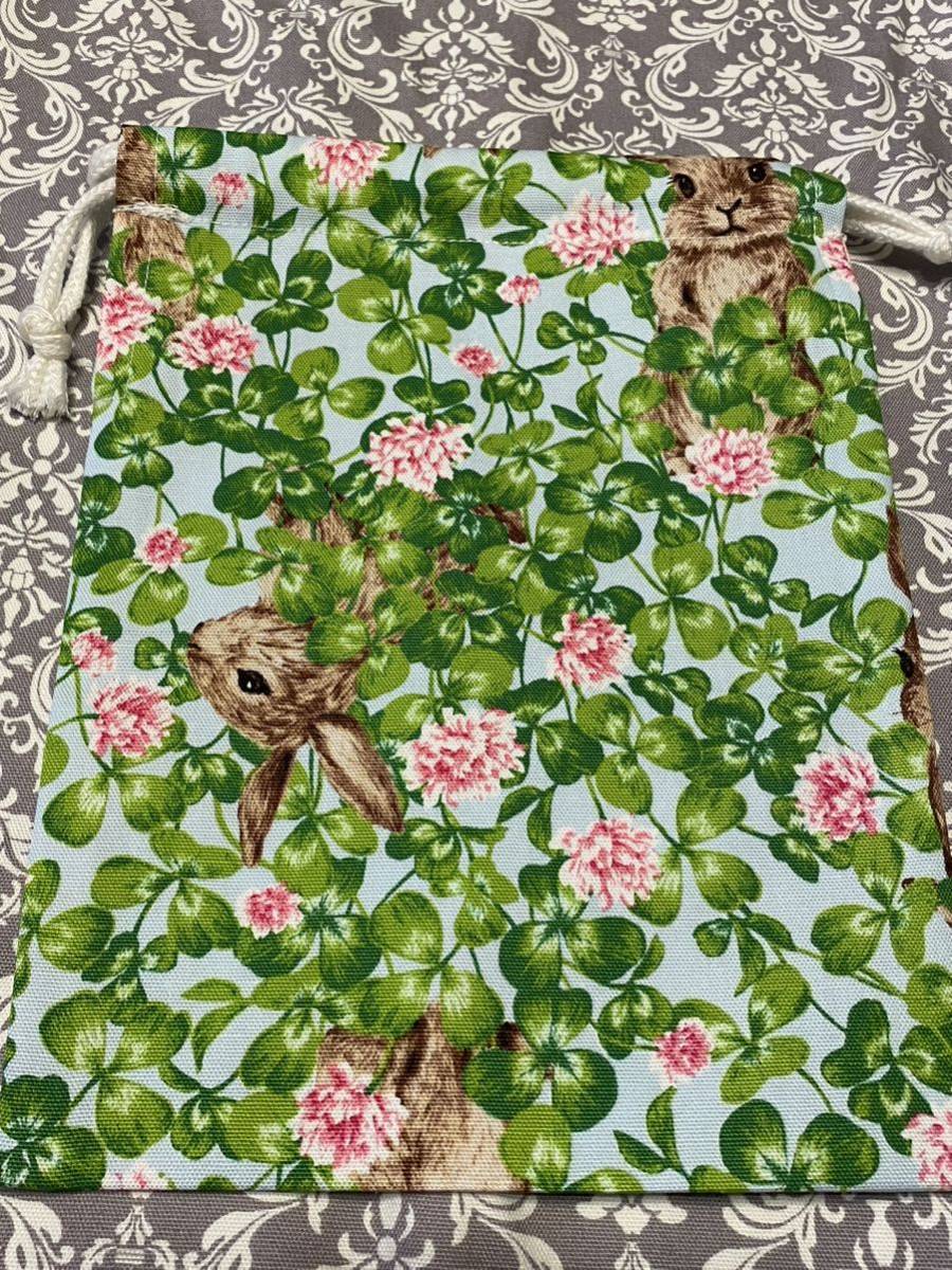 NO. 7 裏なし巾着袋　ハンドメイド　ウサギ柄　花ピンク色_画像3