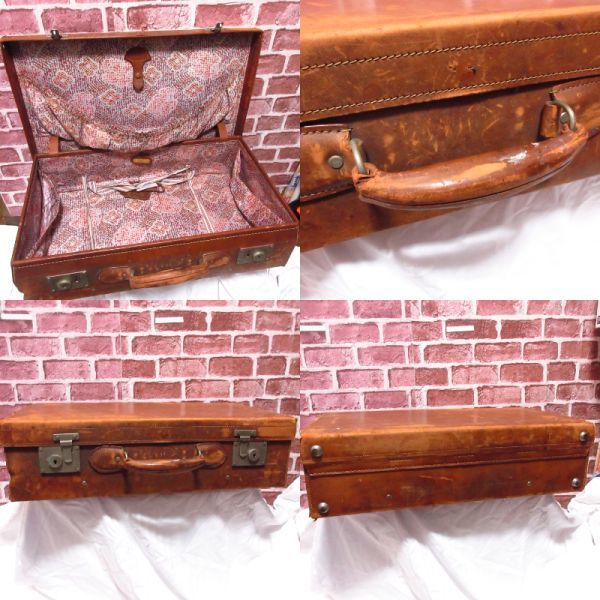  antique Vintage three . original leather large leather trunk W61×H33×D16 travel case bag Showa Retro display interior furniture /