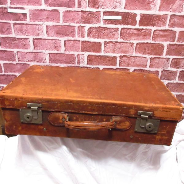  antique Vintage three . original leather large leather trunk W61×H33×D16 travel case bag Showa Retro display interior furniture /