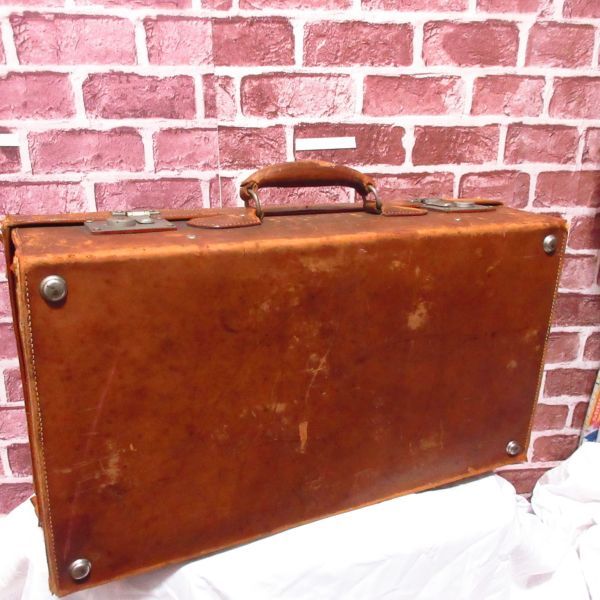  antique Vintage three . original leather large leather trunk W61×H33×D16 travel case bag Showa Retro display interior furniture /