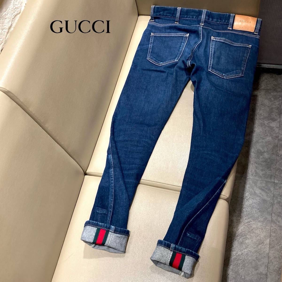  ultimate beautiful goods![ super rare ]* including carriage GUCCI[ red . green. ear attaching ] regular price 10 ten thousand * Italy made [ Gucci ]* flexible * Denim jeans leather men's jacket 