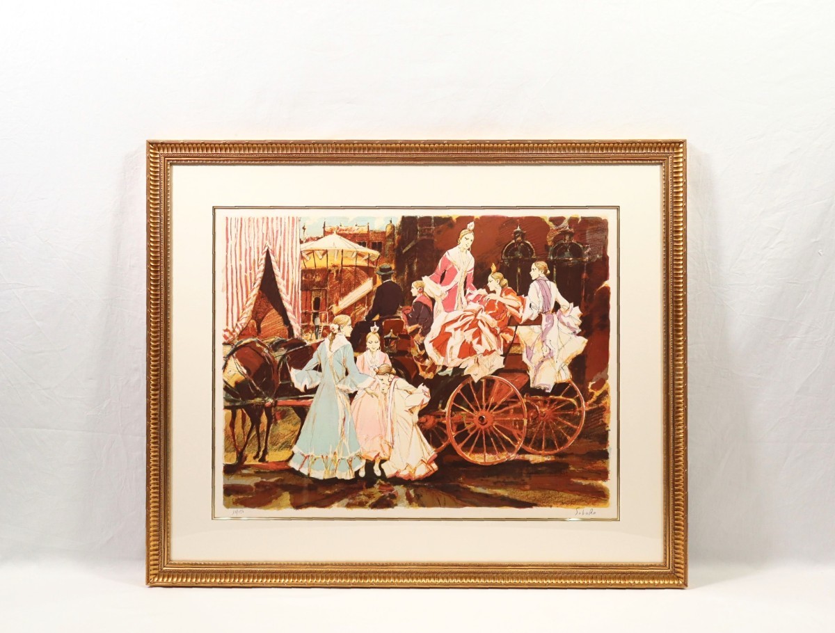 真作斉藤三郎傑作大判リトグラフ「集い」画64×49cm 埼玉県出身二科会