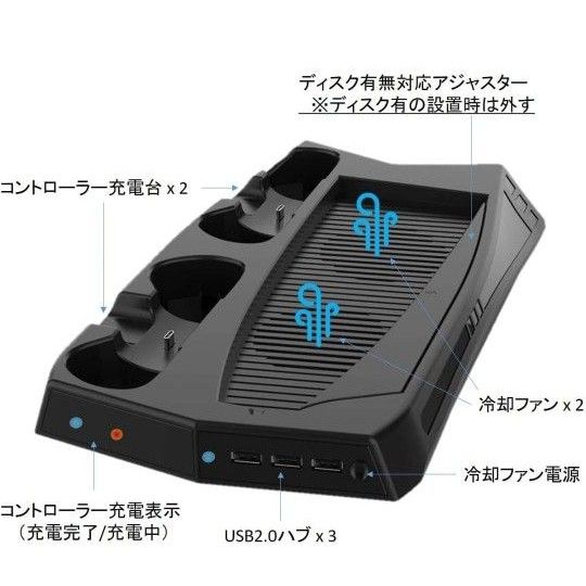 PS5 多機能 縦置き スタンド 冷却ファン コントローラー 2台充電 USBハブ ディスク デジタル兼用 ホワイト