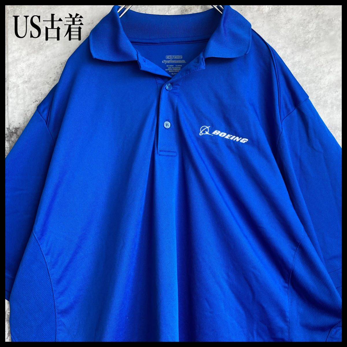 US古着 ロゴ刺繍 袖刺繍 ポロシャツ XL 青 ビッグサイズ 60 半袖 ゴルフウェア スポーツウェア 古着 トップス