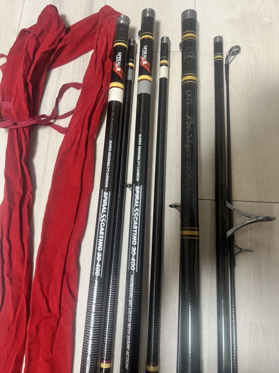 1円〜OLYMPIC SPIRAL SS CASTING 30-400 並継 投げ竿 2本セット/ extra pro skyes 390s 並継 投げ竿 1本セット/ 竿掛け/ PEライン等　_画像7