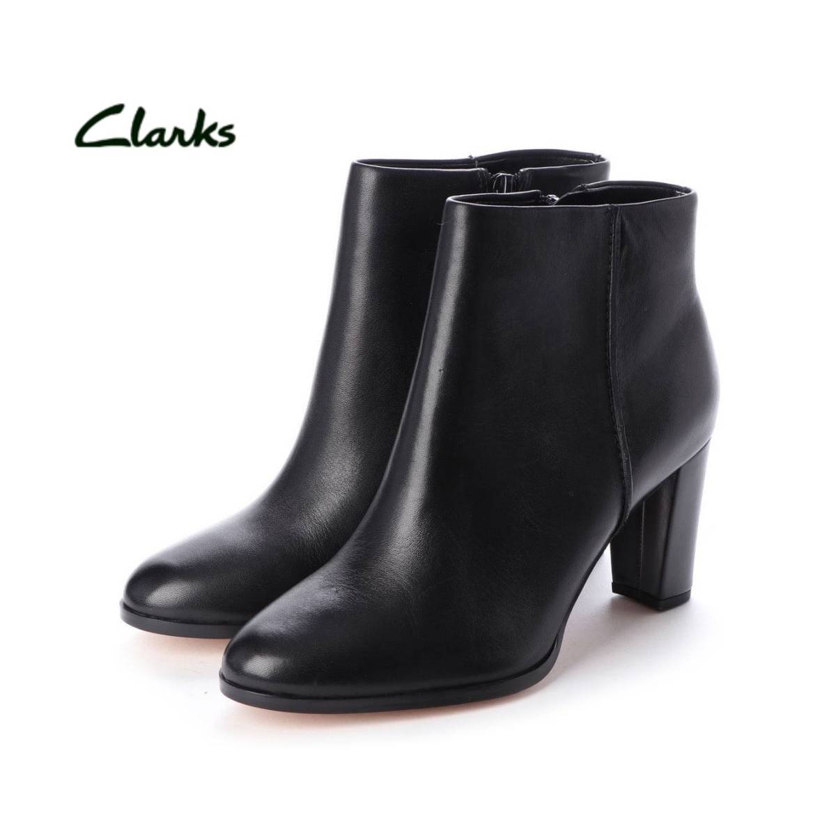 【新品】￥27,500 Clarks Kaylin Fern 黒 本革ショート ブーツ ブーティ クラークス(UK6、US8 1/2、EU39 1/2) ブラック チャンキーヒール