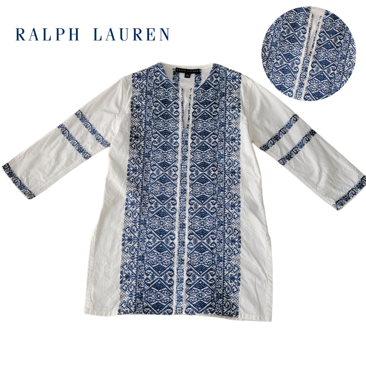 【豪華刺繍】ラルフローレン RALPH LAUREN チュニックブラウス 0 ボタニカル柄 長袖シャツ