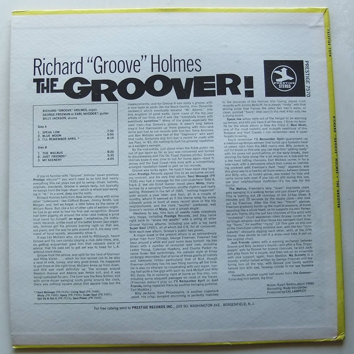 ◆ RICHARD GROOVE HOLMES / The Groover! ◆ Prestige PR 7570 (blue:VAN GELDER) ◆ S_画像2