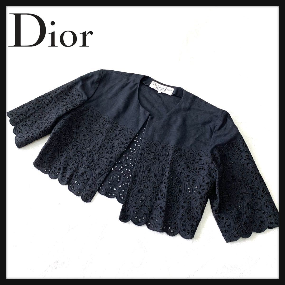 【希少】Christian Dior PRET-A-PORTER クリスチャンディオール ノーカラー ショート丈 ジャケット ボレロ レース ヴィンテージ レーヨン麻_画像1