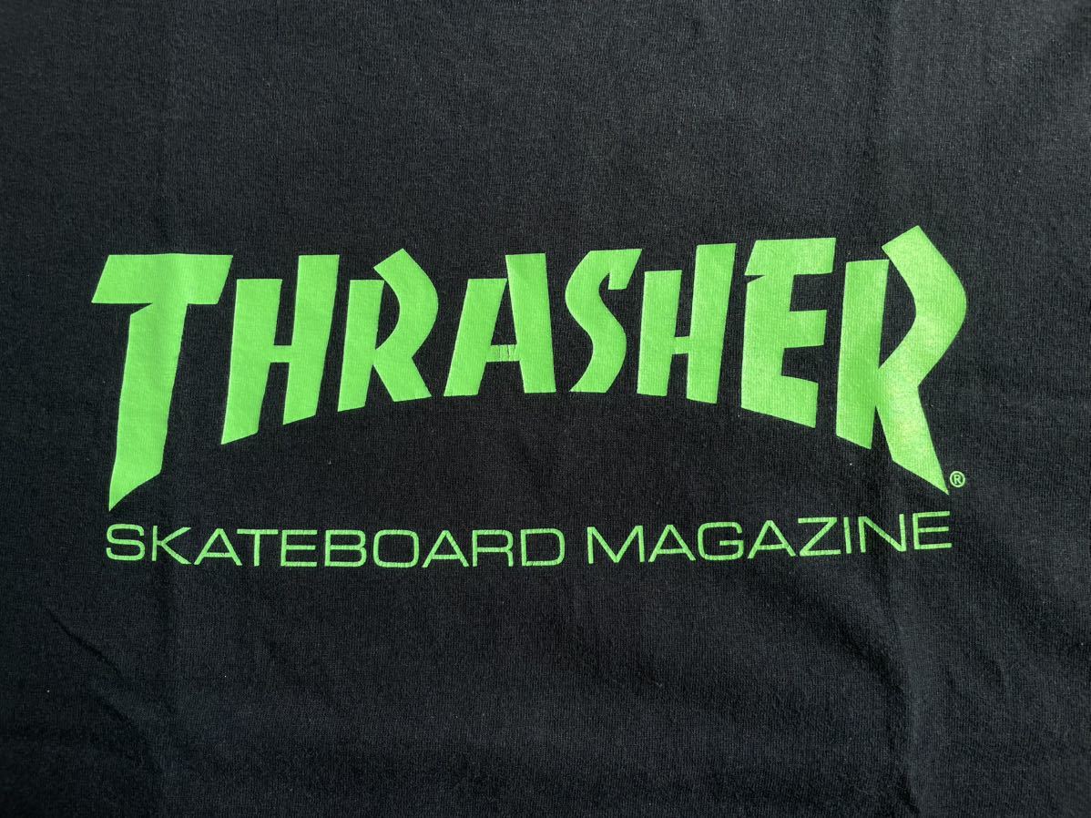 THRASHER MAGAZINE fluorescent Green Logo T-shirt スラッシャーマガジン 蛍光グリーンロゴ 黒Tシャツ スケートボード skateboard_画像4