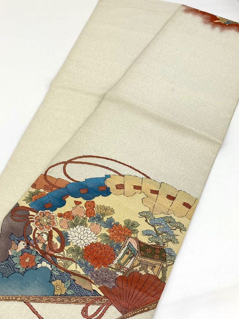 つづれ織 西陣織 袋帯 未仕立て品 鳥 花文様 扇 末広 金糸 正絹 お太鼓