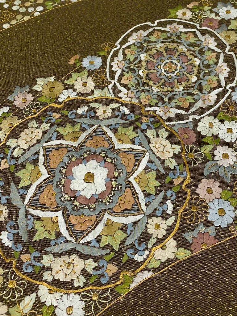 蘇州刺繍 明綴れ 袋帯 未仕立て品 花文様 華紋 正絹 金糸 手織り 六通