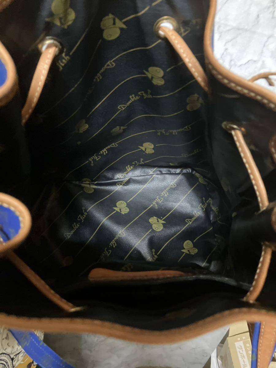 【ws550】激レア!! Double Fish ダブルフィッシュ 巾着ショルダーバッグ 青 ブルー 本革 ヌメ革 魚 総柄 ポーチ付き ヴィンテージ