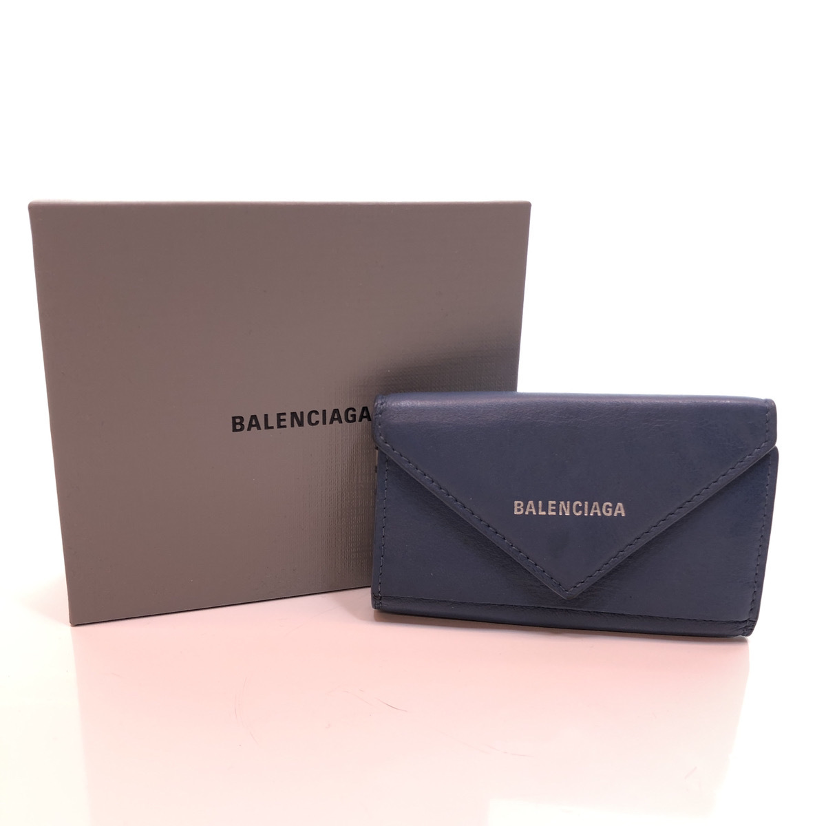 ● BALENCIAGA バレンシアガ PAPIER ペーパー ６連 キーケース キーリング付き レザー シルバー 箱付き タグ付き ペトロール ブルー 青 104_画像1