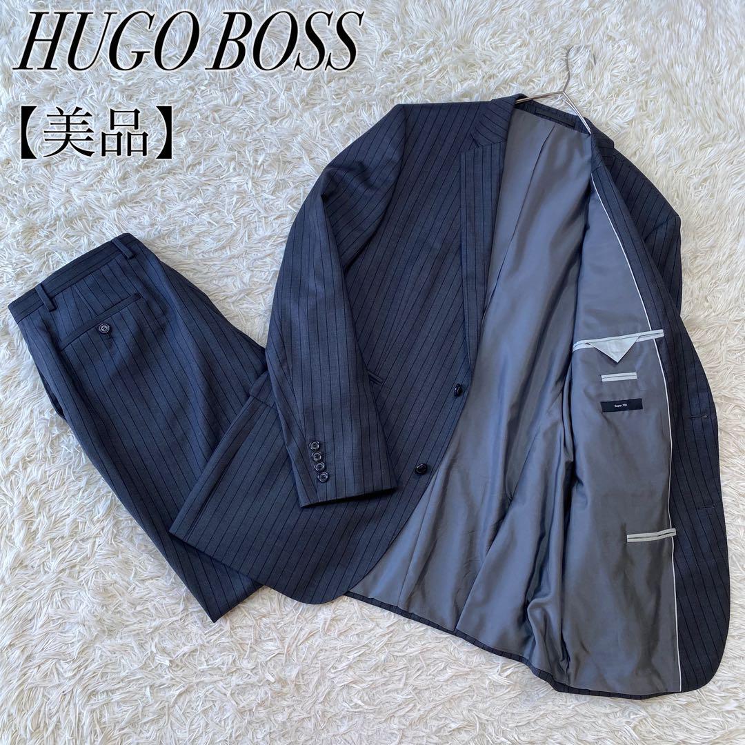 【美品】 HUGO BOSS ヒューゴボス ストライプ スーツ セットアップ グレー 2XL 大きいサイズ サイドベンツ 総裏 2B 肩パット ビジネス