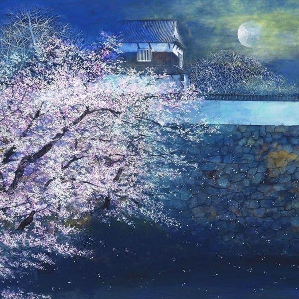 真作】【WISH】笠青峰「夜櫻」日本画 60号 大作 金落款 金泥仕様 真作】【WISH】笠青峰「夜櫻」日本画 60号 大作 金落款 金泥仕様