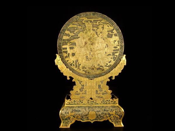 【瓏】古銅鏨刻彫 福壽三星塗金屏風 時代物 古置物擺件 銅器 中国古賞物 蔵出
