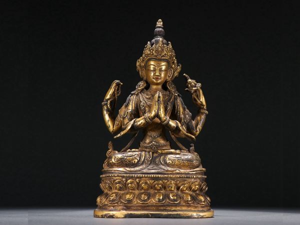【瓏】古銅鏨刻彫 塗金四臂観音擺件 清代 古置物擺件 銅仏像 仏教文化 蔵出