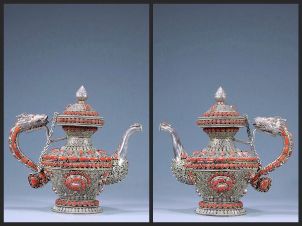 特選/公式 【瓏】純銀彫 嵌珊瑚 龍首酒壺 時代物 古置物擺件 銀器 中国