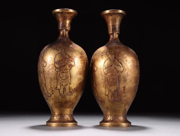 唐代 古銅彫 塗金人物故事銘文花瓶一対【仁】古銅器 置物擺件 古賞物