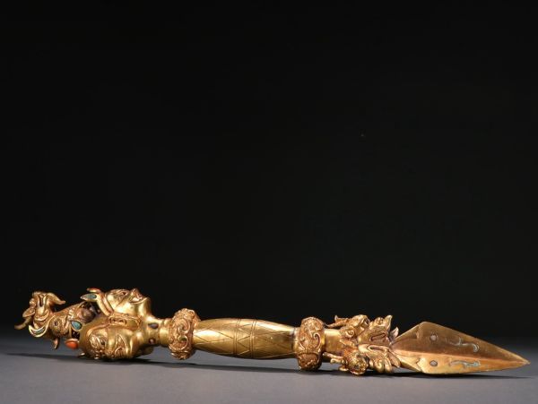【瓏】古銅鏨刻彫 塗金金剛杵 時代物 古置物擺件 法器 仏教文化 蔵出